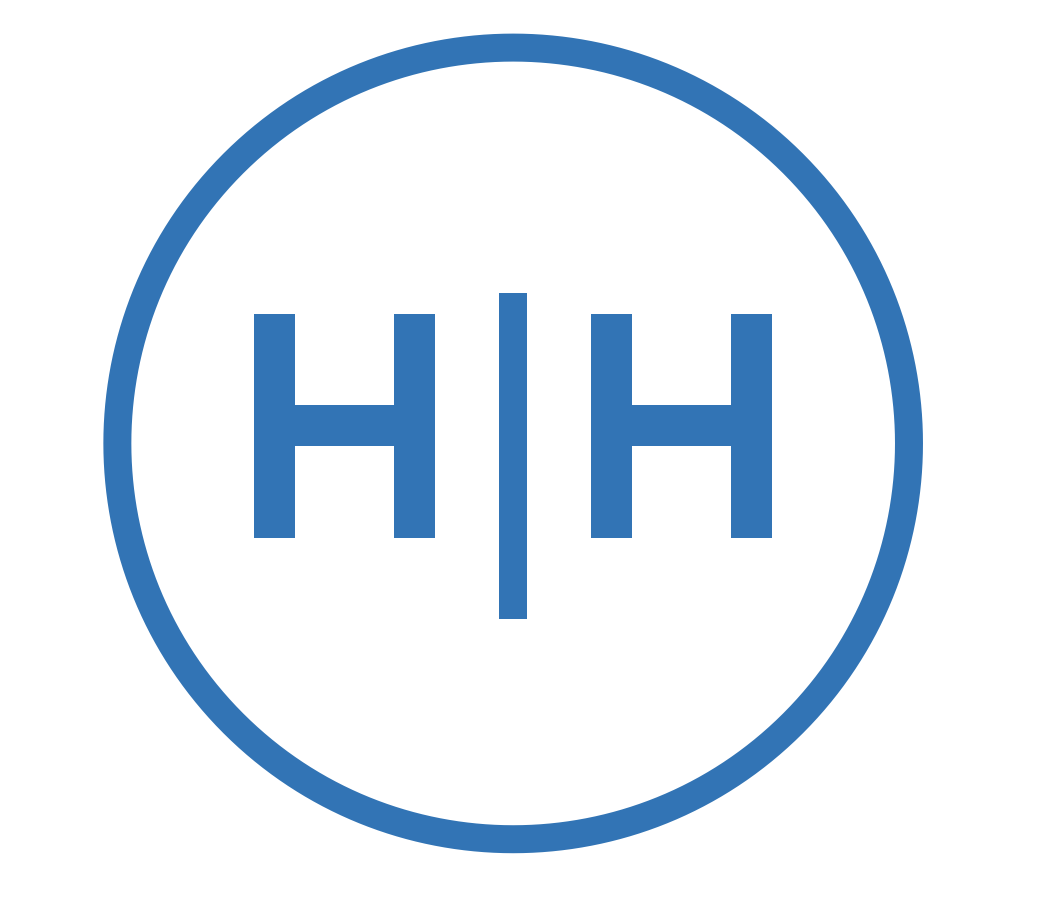 Logo HoliHost,  dans un cercle deux H majuscules bleues séparées par une barre
